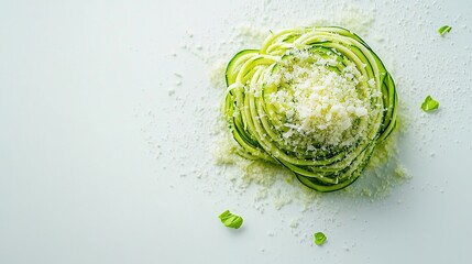 Obraz premium Zucchini noodles with visible spiral texture, topped with Parmesan shavings.