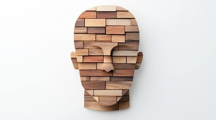 Abstract Wooden Sculpture of a Human Head Isolated on White Background