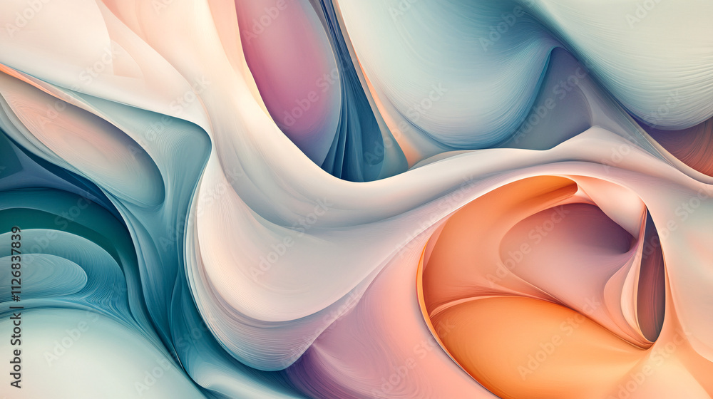 Poster abstract organic forms intertwining, with smooth, fluid lines and soft colors, creating a sense of h