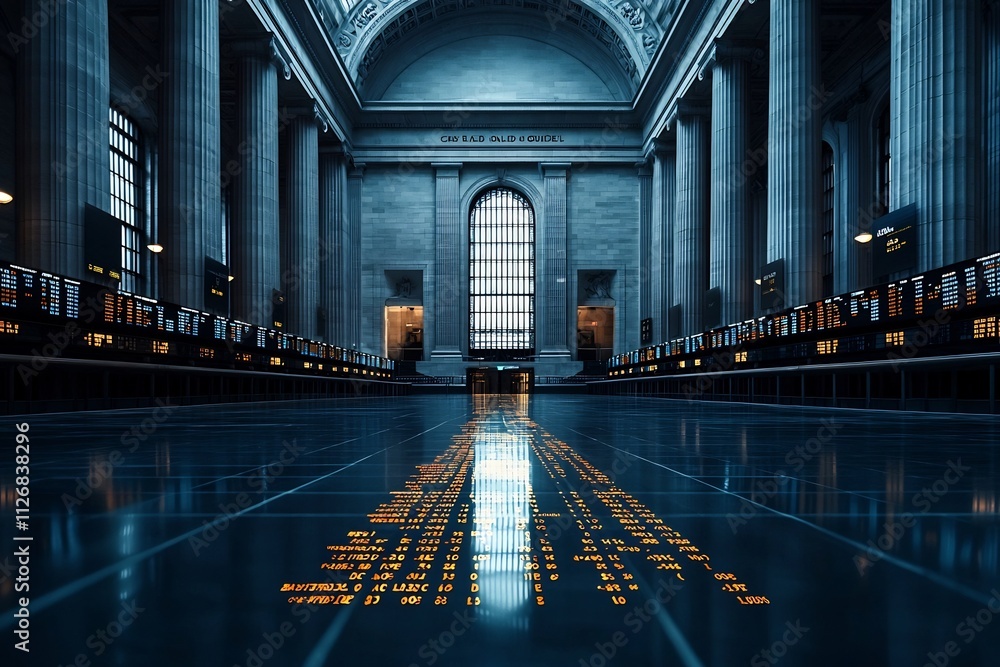 Poster courthouse building with overlay of financial market graphs and data analytics visualizations concep