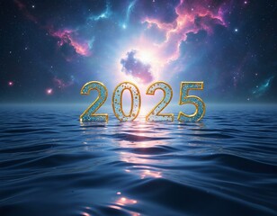 New Year: Cosmic nebulae with rippled waters in a joyful Setting