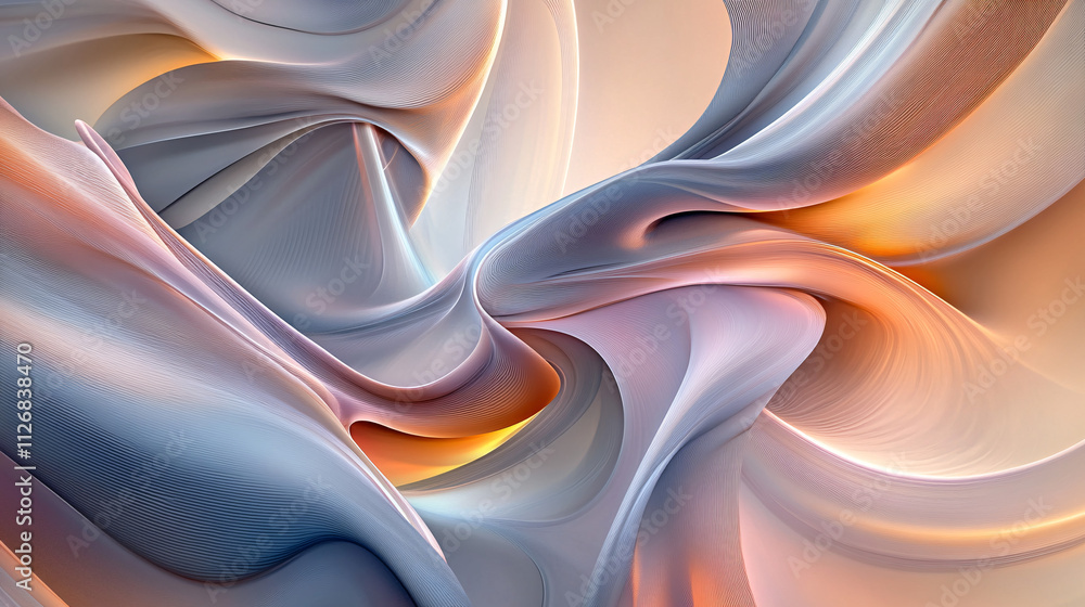 Poster abstract organic forms intertwining, with smooth, fluid lines and soft colors, creating a sense of h