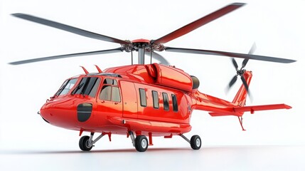Red small military transport helicopter on white isolated background. The helicopter rescue service. Air taxi. Helicopter for police, fire, ambulance and rescue service. 3d illustration