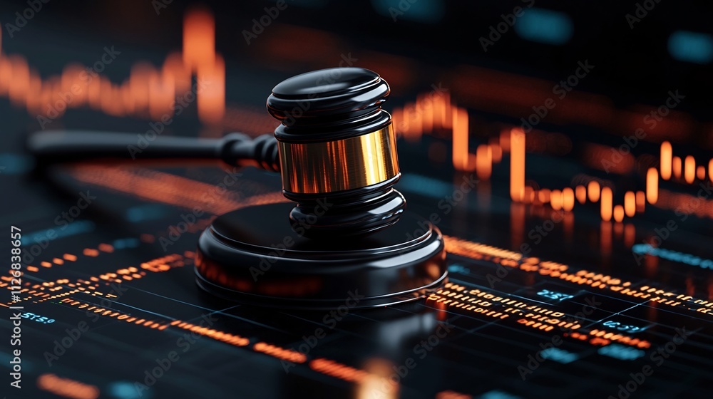 Aufkleber glowing and transparent abstract gavel with futuristic projections of market data and financial visu