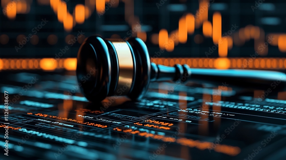 Poster futuristic of a glowing abstract gavel with holographic projections of financial data and market ana