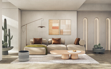 Contemporary interior design of the living room in soft neutral tones. Interior mockup, 3d render