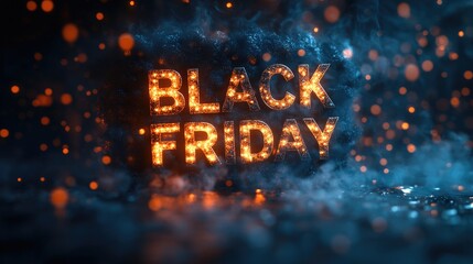 Metallic black friday text stands out against a dark smoky backdrop, creating an intense and exciting atmosphere for the sale