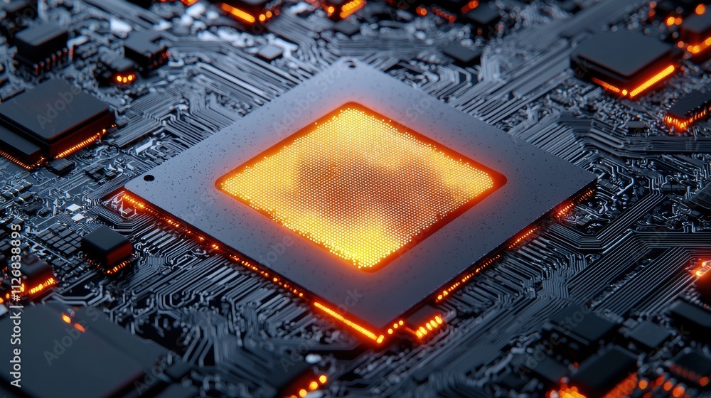 Poster quantum computer core emitting glowing particles on circuit board in dark setting