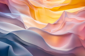 Obraz premium An abstract digital background of soft glowing waves in muted pink, yellow, and blue, creating a calm digital ambiance.