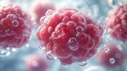 Biological cells are rendered in intricate detail, showcasing their red structures encased in transparent membranes against a blue background