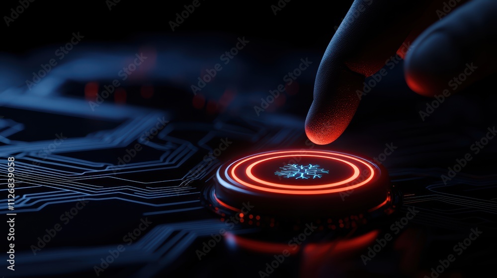 Poster a close-up of a finger pressing a glowing red button on a circuit board, symbolizing innovation and 