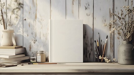 Blank mockup template of a book cover standing upright on a light wooden shelf, accompanied by artistic tools and vintage accessories.