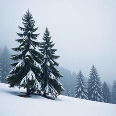 Obraz premium Winter misty watercolor depiction of a textured gray-blue coniferous fir forest with indigo pine trees for a festive Christmas design print