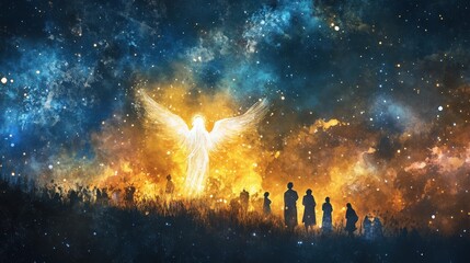 Heavenly announcement to the shepherds by a glowing angel, surrounded by soft light, as they gaze in awe. Digital watercolor painting capturing the serene moment under a starry sky