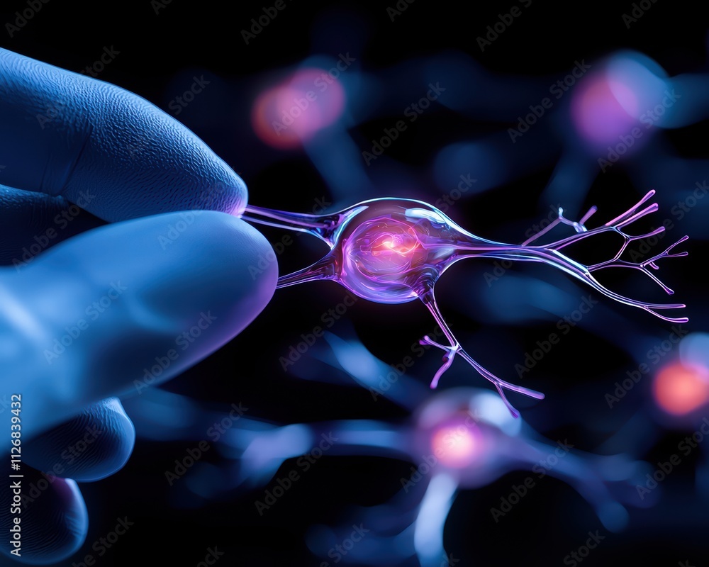 Poster a close-up of a neuron being held, showcasing its intricate structure and glowing connections in a d