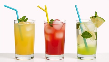 Fototapeta premium Three summery cocktails served in tall glasses with vivid fruits ice mint