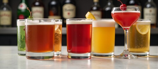 Colorful cocktails line a bar counter against a background of blurred liquor bottles