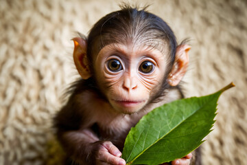 Cute baby monkey playing with a green leaf