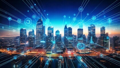 Fototapeta premium Abstract City Skyline with Skyscrapers Overlaid by Blockchain Data Chains and Glowing Icons
