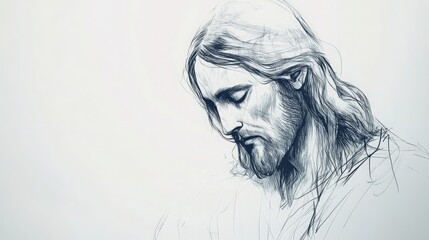 Minimalist sketch of Jesus Christ with a serene expression, drawn with fine lines on a clean white canvas, leaving plenty of empty space around the figure