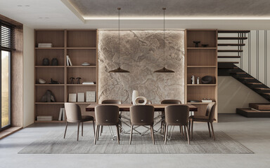 A stylish living room interior featuring modern designer furniture and elegant accessories. Natural indoor stone wall, rendered in 3D