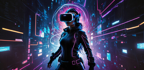 Obraz premium Futuristic Female Cyber Diver Entering the Virtual Realm