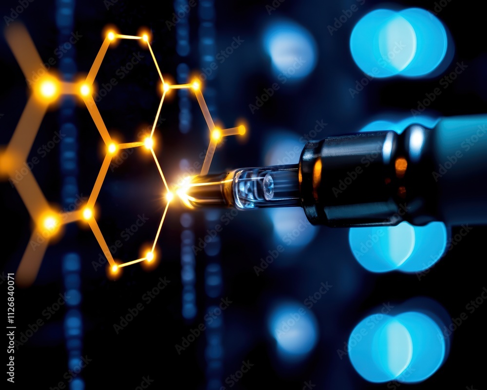 Poster a close-up view of a syringe injecting liquid into a glowing molecular structure against a dark digi
