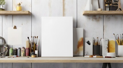 Blank mockup template of a book cover on a light wooden shelf, alongside artistic objects like paints, brushes, and design sketches.