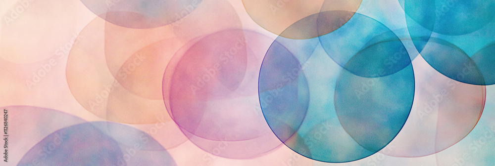 Poster abstract overlapping translucent circles, in soft pastel colors, creating a harmonious, light-filled