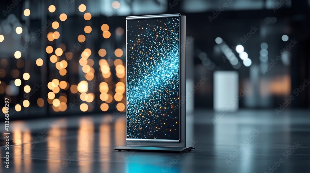 Poster sleek and modern roll up banner featuring a holographic projection on a reflective silver frame crea