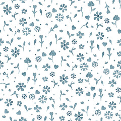 Seamless pattern with vintage little flowers in blue on white background. Watercolor hand drawn illustration