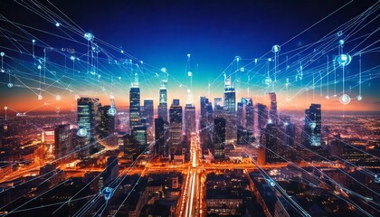 Obraz premium Abstract City Skyline with Skyscrapers Overlaid by Blockchain Data Chains and Glowing Icons