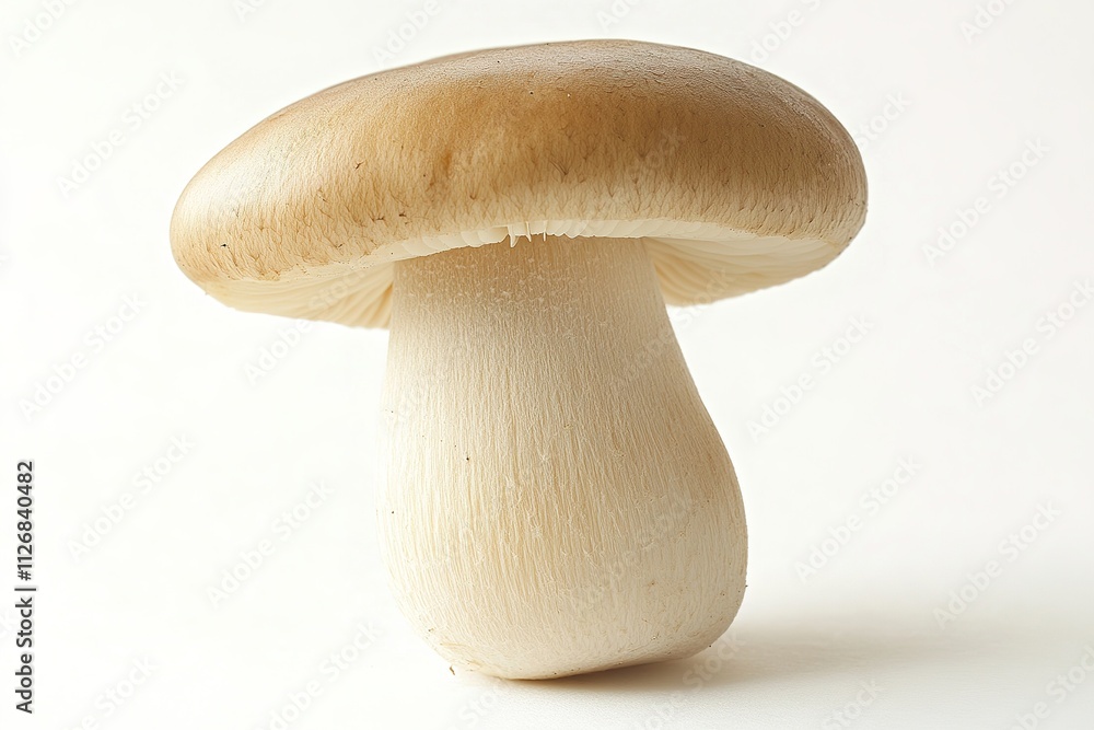 Poster plump button mushroom with smooth clean cap and short stem displayed on pure white background