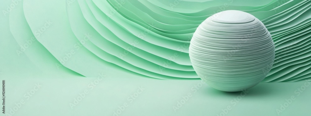 Poster abstract green layered background with a white sphere: minimalist 3d render design