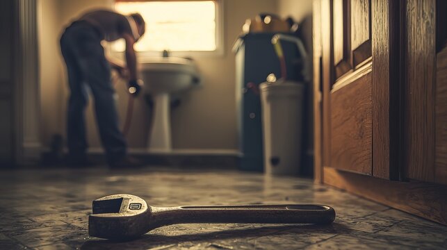 A focused man works on plumbing in a bathroom, showcasing his skills in a well-lit, homey environment.