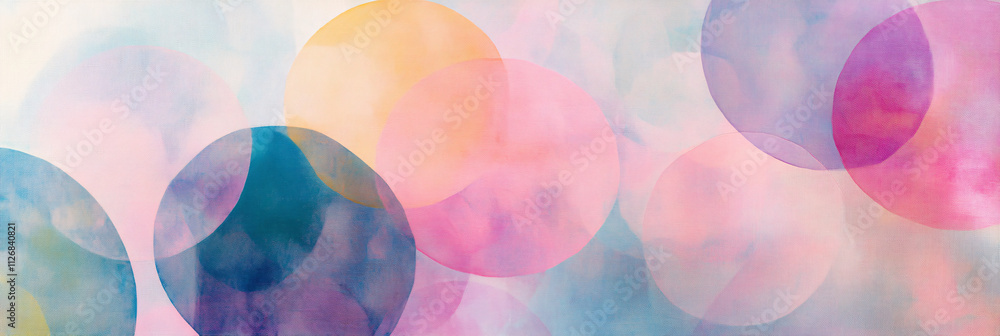Poster abstract overlapping translucent circles, in soft pastel colors, creating a harmonious, light-filled