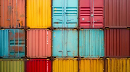 Fototapeta premium Shipping containers stacked high in a shipyard