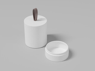 cylindrical shape gift box with ribbon holder mockup, open lid luxury cylinder box mockup, round rigid paper tube packaging with rope hand grip holder, premium round shape gift box container storage