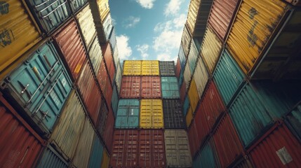 Fototapeta premium Shipping containers stacked high in a shipyard