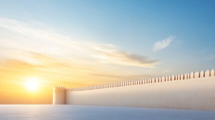 Fototapeta premium Majestic Sunset Over Ancient Fortress Wall with Clear Blue Sky and Soft Clouds, Capturing the Serene Beauty of Historic Architecture and Timeless Landscapes