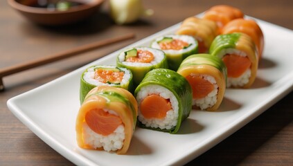 Maki rolls with salmon Japanese sushi platter seafood