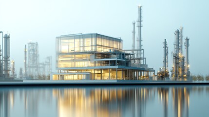 Fototapeta premium Modern industrial building with glass facade, surrounded by tall structures and water reflection.