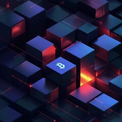 Obraz premium Virtual Vault of Cryptocurrency Symbols Surrounded by Neon Cubes and Digital Elements