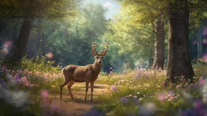deer in the blooming forest