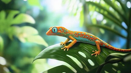 Obraz premium Vibrant Gecko Perched on Lush Tropical Foliage
