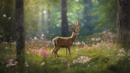 deer in the blooming forest