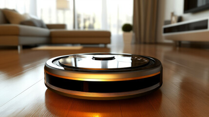 A modern living room where a robot with advanced AI is vacuuming the floor, its design reflecting a blend of metallic and smooth surfaces, while smart sensors adjust its movements to avoid obstacles