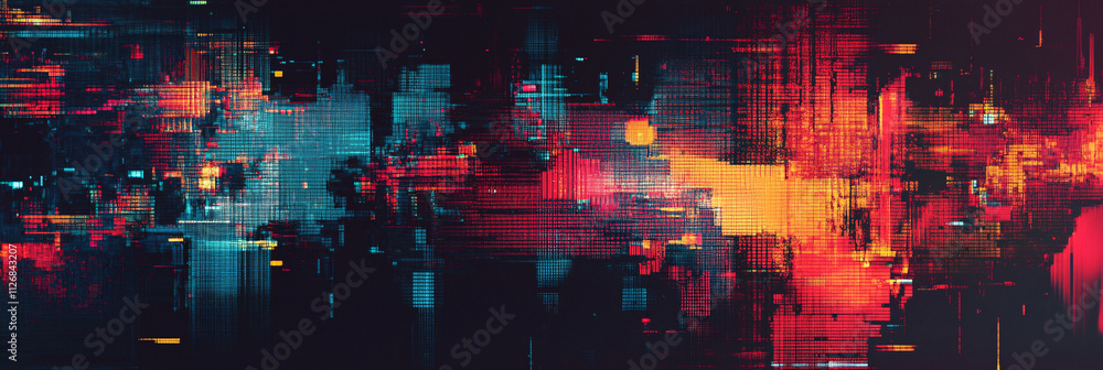 Poster abstract pixelated glitch effect, with distorted colors and shapes, representing digital disruption 