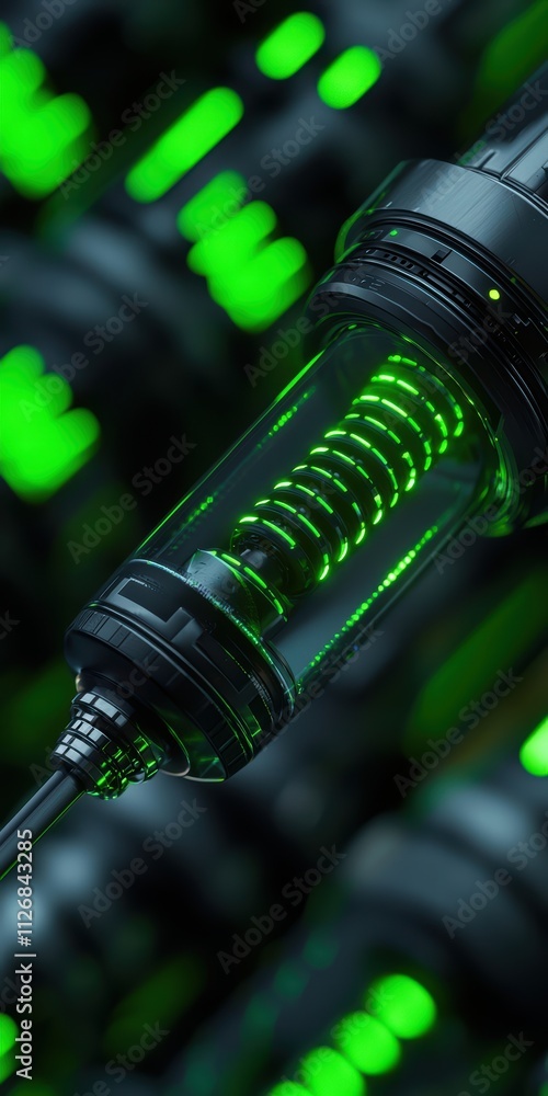 Poster close-up of a futuristic device with glowing green components highlighting innovative design and mod