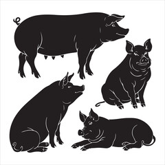 set of black various poses pig vector silhouette	
